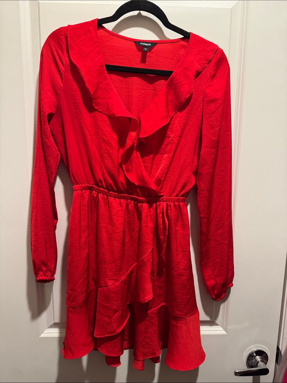 Express Vibrant Red Ruffle Wrap Long-Sleeve Dress
